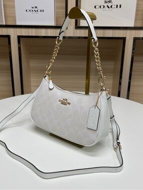 Coach White Signature Leather Shoulder Bag with Gold Chain